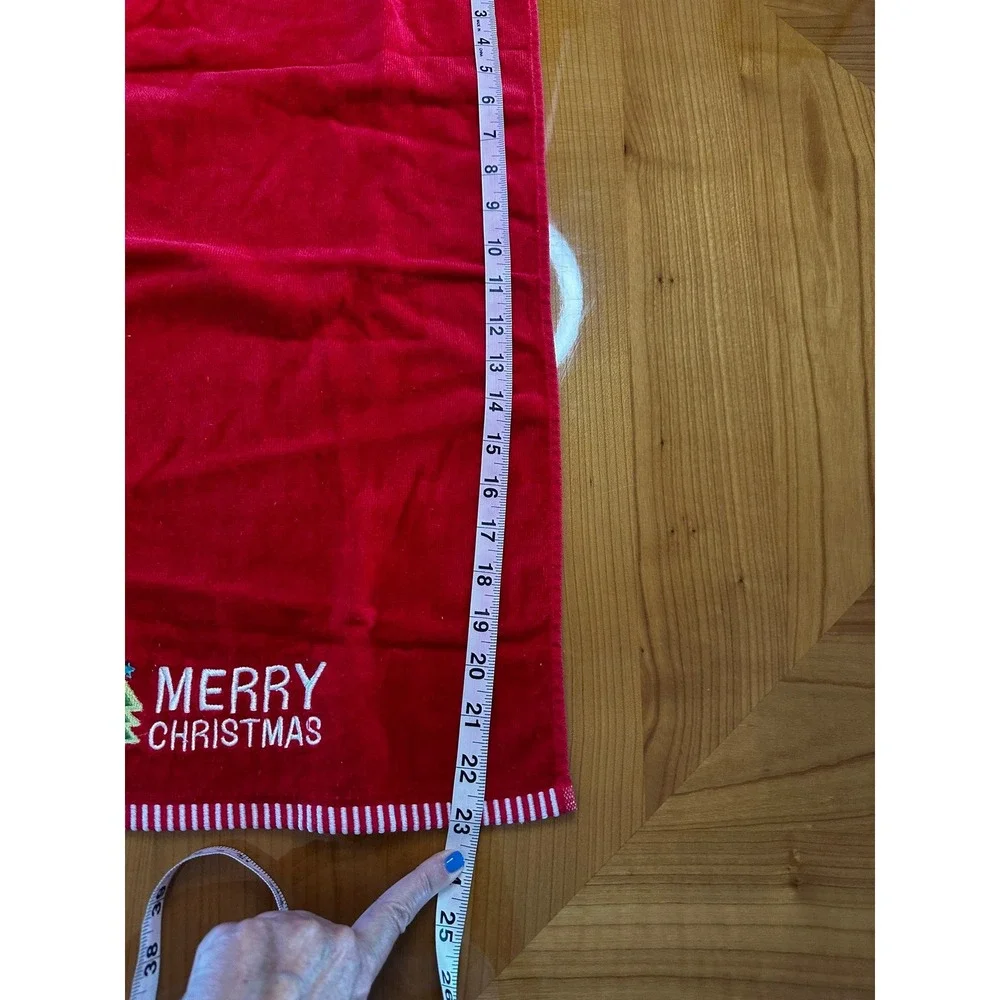 Merry Christmas Red Cotton Hand Towel‎ Embroidered Tree Striped Trim RN 17730